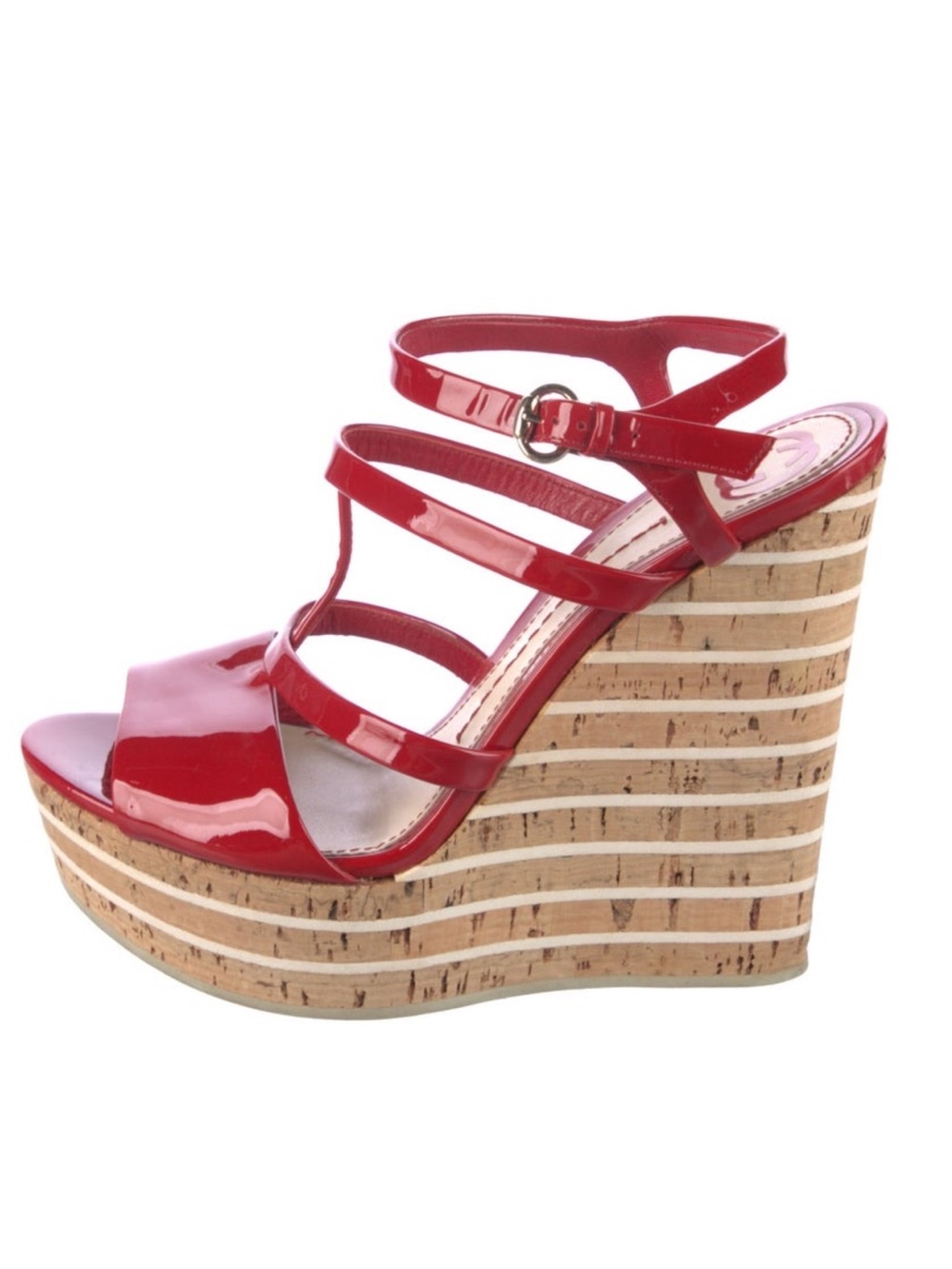 Gucci Red Patent Strappy Wedge Sandals